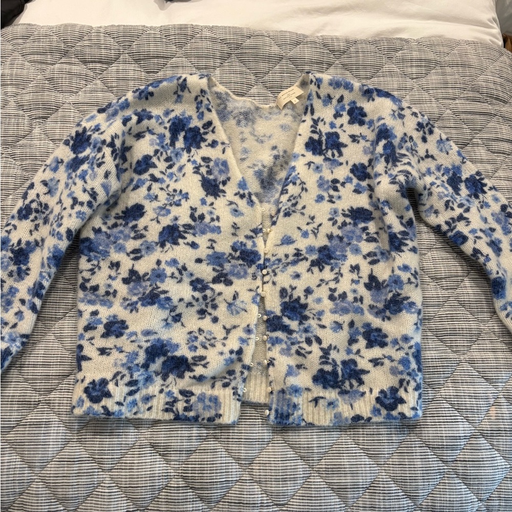 Sezane Blue and White Floral Cardigan